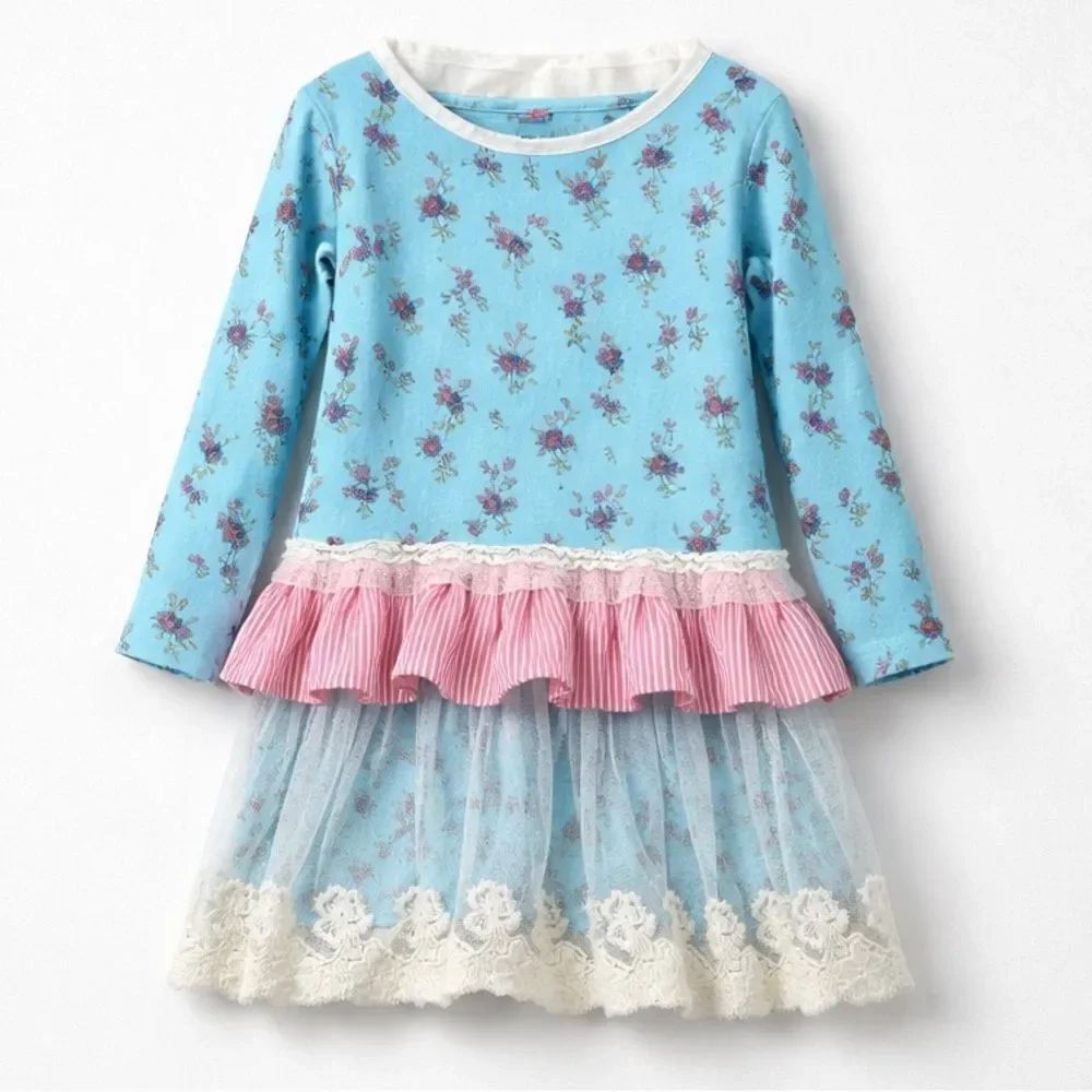 Jelly the Pug Liv & Monkey Collection Courtney Dress blue floral and lace 3T